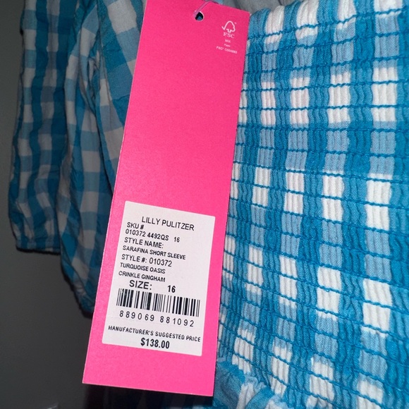 Lilly Pulitzer Sarafina Short Sleeve in Turquoise Oasis Crinkle Gingham - Picture 5 of 5
